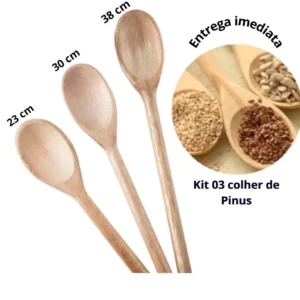 Kit com 3 Colher De Pau Madeira Pinus Tamanho 23cm 30cm 38cm
