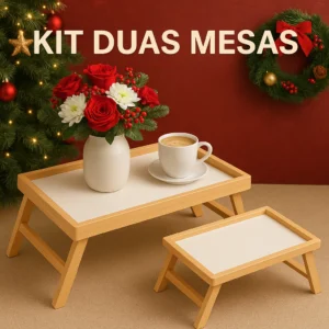 Kit 2 Bandejas Mesa de Café da Manhã com Pés Dobráveis em Madeira – Ideal para Cama, Sofá, Lancheira, Notebook, Estudo.